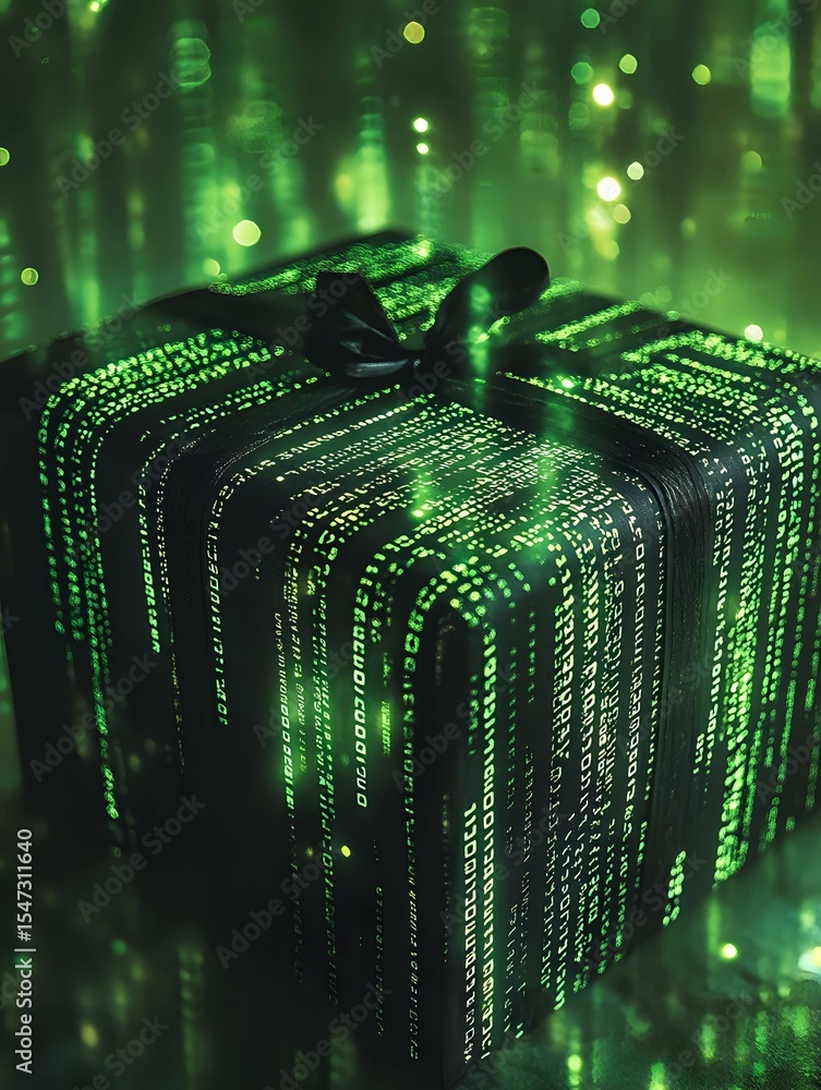 Poster digital gift box wrapped in glowing green binary code matrix pattern against dark background with st