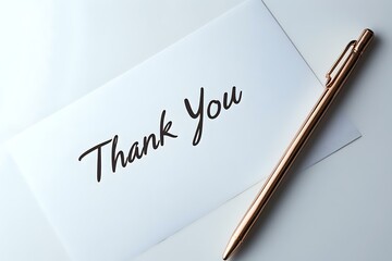 Handwritten thank you note on white card with elegant rose gold pen, minimalist composition against light background for business and personal correspondence.