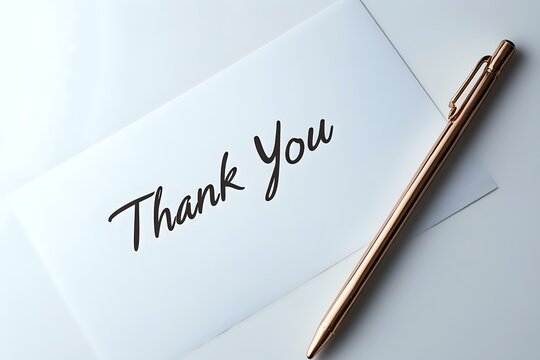 Handwritten thank you note on white card with elegant rose gold pen, minimalist composition against light background for business and personal correspondence.