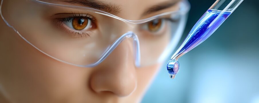 Laboratory scientist in protective eyewear examining blue liquid sample in pipette during scientific research and chemical analysis in modern lab.