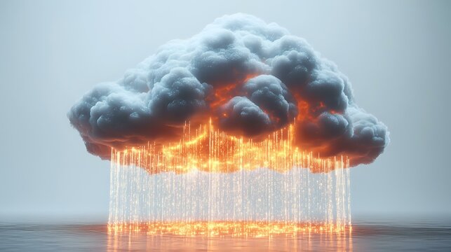 Glowing digital cloud with streaming binary code rain and orange light effects floating over reflective surface against gray background.