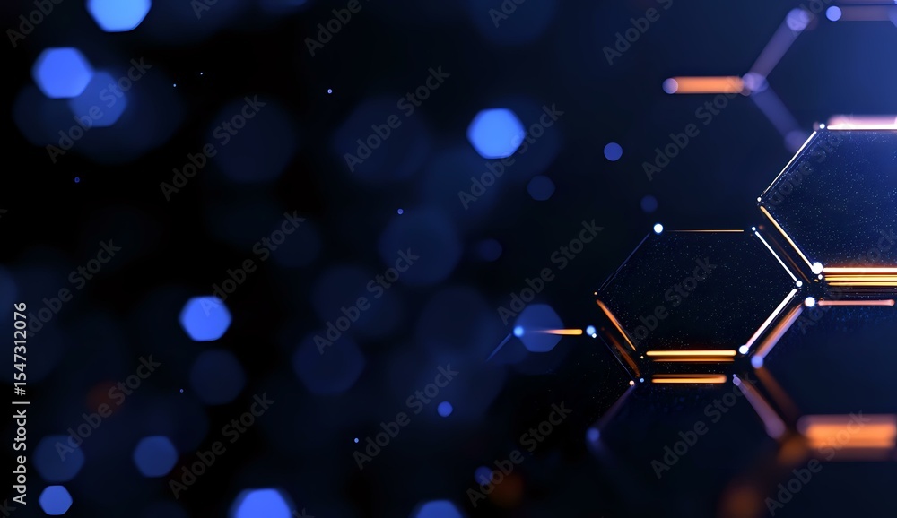 Poster glowing orange and blue hexagonal molecular structure on dark background with bokeh effect, illustra