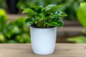Fototapeta premium Lush green philodendron houseplant with glossy heart-shaped leaves growing in modern white ceramic pot on wooden surface against blurred natural background.