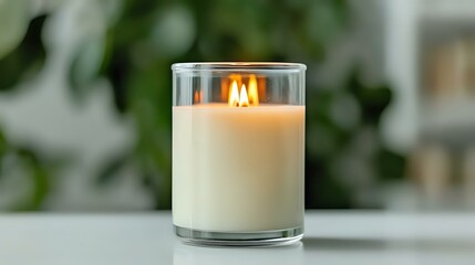 Glowing white scented candle in clear glass container on white surface against blurred green foliage background creates cozy atmosphere for spa and relaxation.