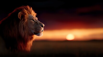 Naklejka premium Majestic male lion with flowing mane silhouetted against dramatic sunset sky with glowing orange sun and dark red clouds, side profile portrait showcasing strength and nobility.