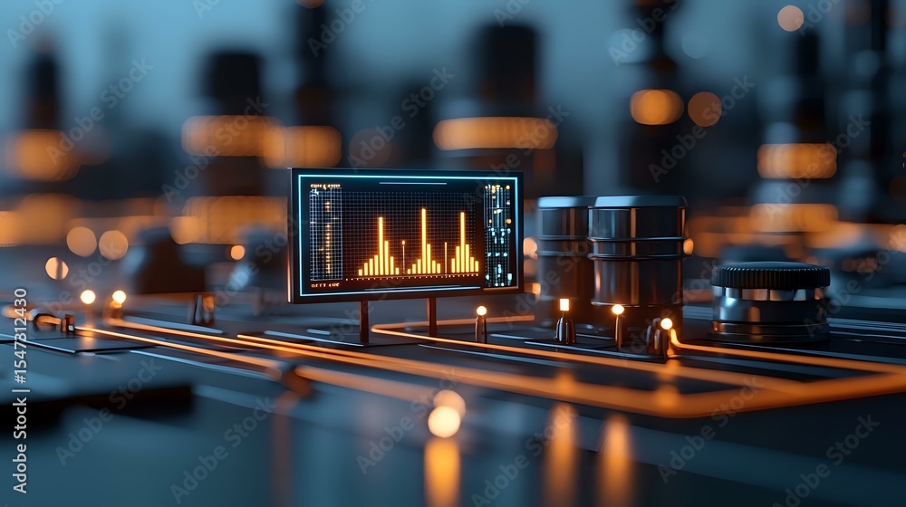 Poster digital audio mixer with glowing screen displaying frequency analyzer graph in dark studio environme