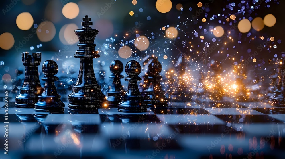 Poster black chess pieces on board with magical glowing bokeh lights and sparkles creating dramatic atmosph