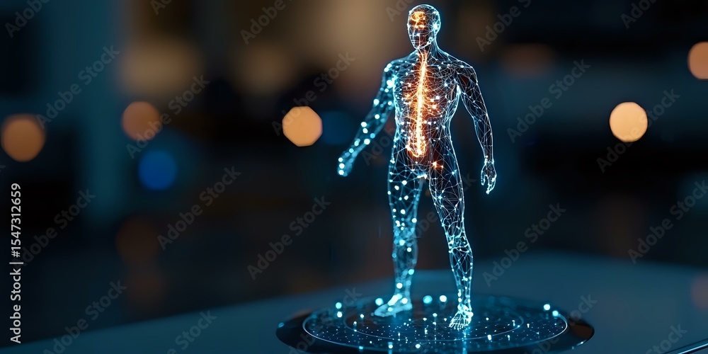 Poster glowing blue holographic human figure with illuminated skeletal system and neural network points on 