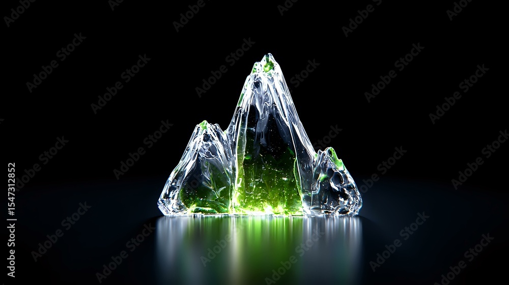 Aufkleber glowing crystal mountain formation with green light emanating from within against dark background, c