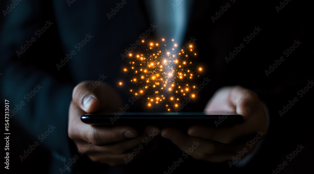 Poster hands holding smartphone with magical glowing particles emerging from screen in dark environment, cr