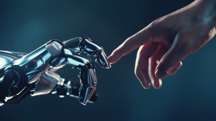 A metallic robot arm reaches out to touch a human hand.  Futuristic, technological