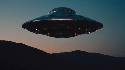 Obraz premium A large flying saucer flies over the silhouette of mountains in the evening