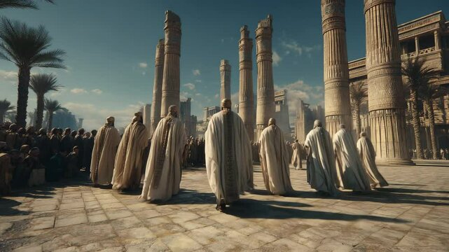 Photorealistic scene depicting the moment of Nineveh's repentance, with a king and people in solemn reflection. Inspired by the biblical story of Jonah.