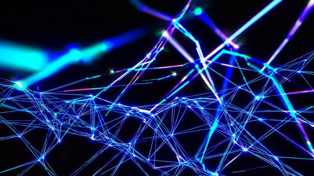 Abstract neural network visualization with glowing blue lines and nodes, representing artificial intelligence, machine learning algorithms, data flow, digital brain, deep learning, and futuristic comp