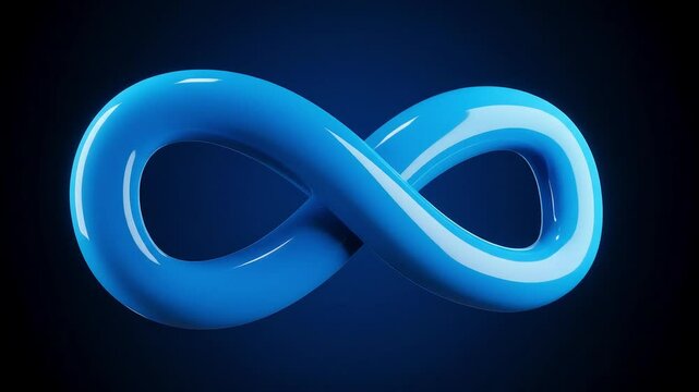 Glowing Blue 3D Infinity Symbol Rotating on Dark Blue Gradient Background