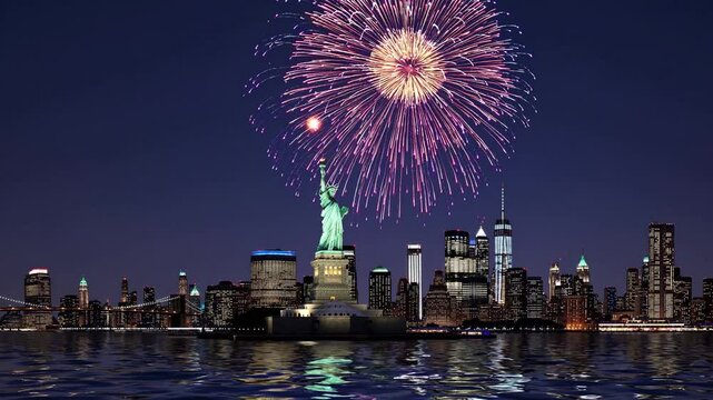 Statue of Liberty and New York City skyline illuminated by vibrant fireworks over water at night, symbolizing American independence, celebration, patriotism, national pride, and iconic landmarks