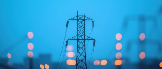 Electricity power lines and transmission towers against a blue dusk sky with blurred lights in the background, energy infrastructure, renewable power utility.