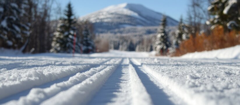 Invigorating cross-country skiing tracks under clear blue winter sky landscape