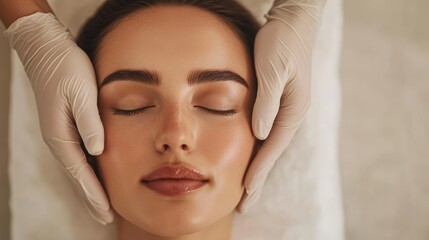 Facial treatment session with a young woman receiving a soothing massage from an aesthetician using gloves in a spa for glowing skin and relaxation.