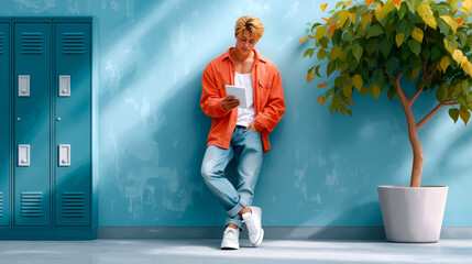 A young man sitting on a bench in front of a blue wall with a plant