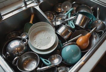 Cluttered kitchen sink filled with dirty dishes and pans