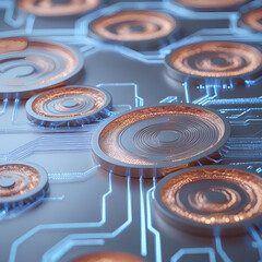 A futuristic data transfer concept set against a sleek, modern wallpaper that doubles as a stretch ceiling, adorned with intricate.