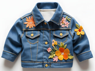 baby denim jacket decorated with floral embroidery on white background