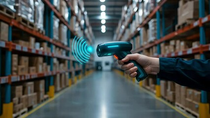Handheld RFID Scanner in Modern Warehouse - Powered by Adobe