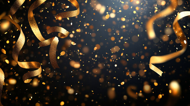 Festive vector background with gold glitter and confetti for celebration. Black background with glowing golden particles