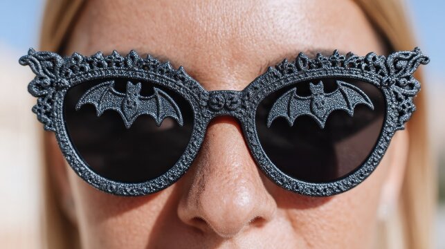 Sunglasses featuring tiny bat wings showcase unique design at outdoor event under bright sunlight. Halloween