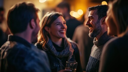 Friends laughing and socializing at a party with drinks in hand, enjoying nightlife together, creating memorable moments and building connections.
