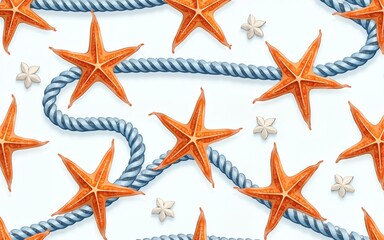 Marine rope with cute starfish seamless pattern, nautical modern style, summertime vacation concept design print background. High quality