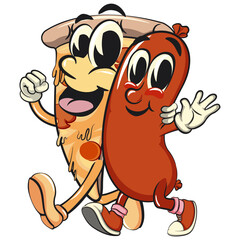 Cheerful sausage cartoon mascot walking with a slice of character pizza, fun meat snack character illustration, isolated high-quality vector perfect for branding and design use, work of hand drawn