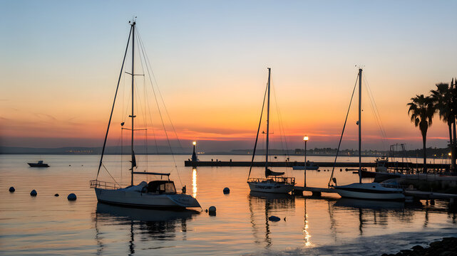 Boats are docked at the water's edge, silhouetted against a vibrant sunset sky
