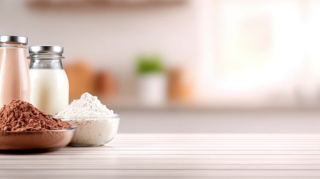 Ingredients for baking displayed on a kitchen countertop with a soft-focus background