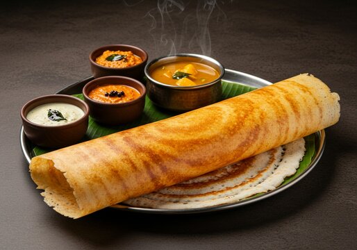 Crispy masala dosa with condiments