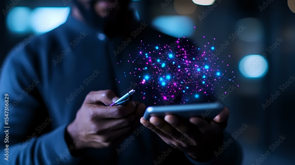 Poster magical glowing particles emerging between two mobile devices held in dark setting, creating etherea