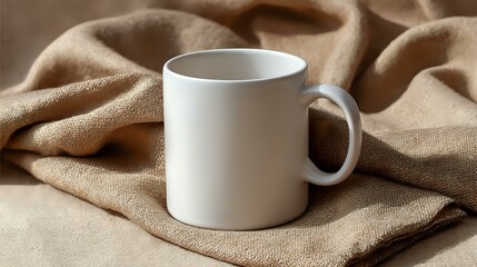 White ceramic coffee mug mockup on beige linen fabric background with soft folds and natural shadows. Clean minimal product photography for branding.