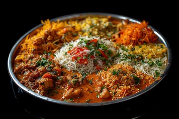Indian thali plate with multiple colorful dishes