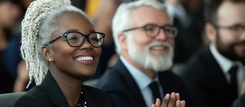 Engaged audience members smiling and applauding during a presentation