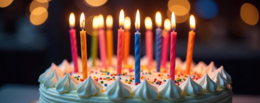 Twenty-one colorful candles ablaze atop a frosted birthday cake , baked, colorful candles, party