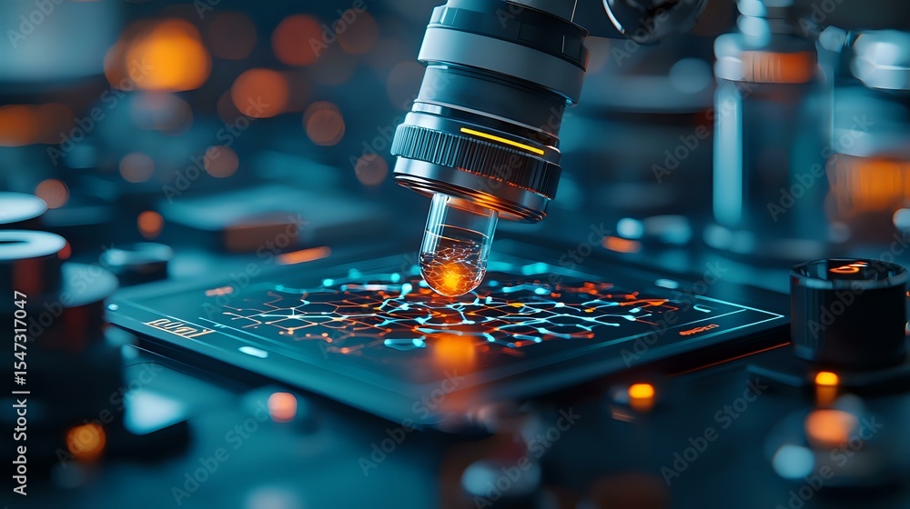Poster microscope lens focusing on electronic circuit board with orange light reflections and bokeh effect 
