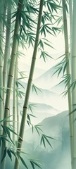 Serene bamboo forest landscape, misty mountains in background