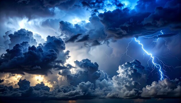 High contrast sky lit by rhythmic storm flashes&mdash;electric blue and metallic silver igniting against rolling black clouds