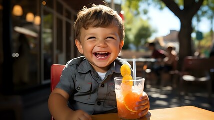 Joyful young boy laughing while holding orange juice cocktail at outdoor cafe table on sunny summer day, genuine happiness and childhood moments captured in natural light.