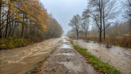 A flooded path runs between two swollen rivers in a misty forest with autumn foliage and bare trees.