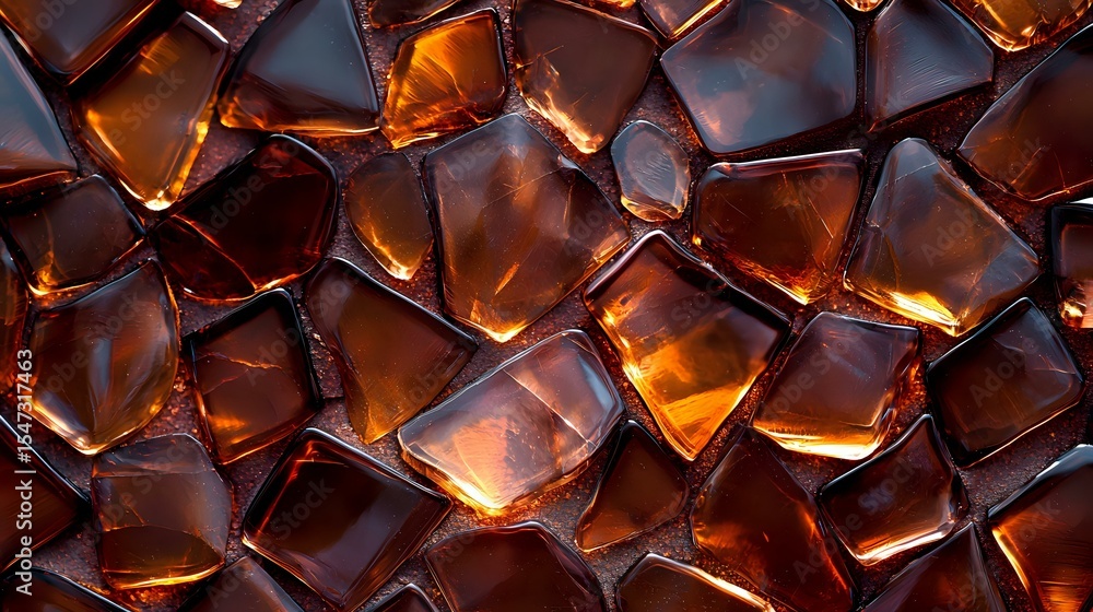 Poster amber colored ice cubes with glowing backlight creating dramatic shadows and reflections, abstract p