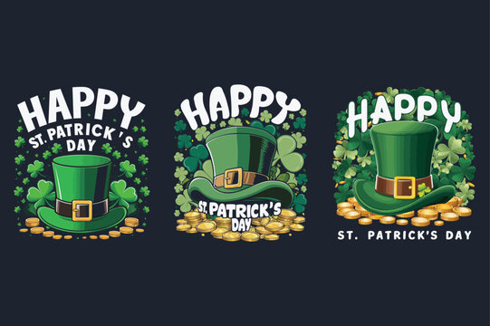 Festive st patrick's day illustrations featuring leprechaun hats with shamrocks and gold coins