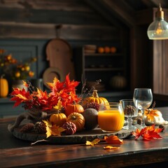 Rustic Autumn Still Life with Pumpkins, Leaves, and Seasonal Drink on Wooden Table
