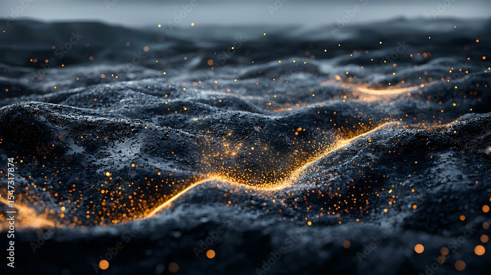 Poster glowing golden particles flow across dark textured waves creating magical abstract landscape with bo